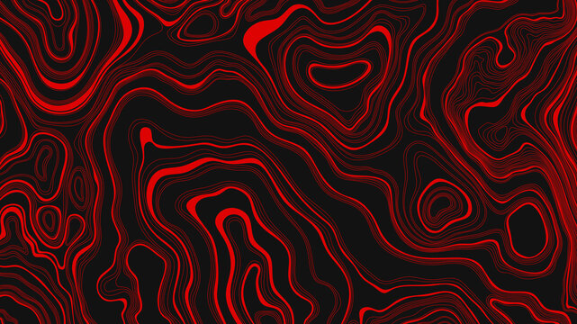Abstract contour topographic pattern with smooth lines of mountain relief. Minimalist red background design for projects. Illustration with wavy lines on a black background.