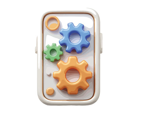 Ikona 3D z kolorowymi zębatkami wewnątrz prostokątnej obudowy symbolizująca ustawienia lub mechanizm.