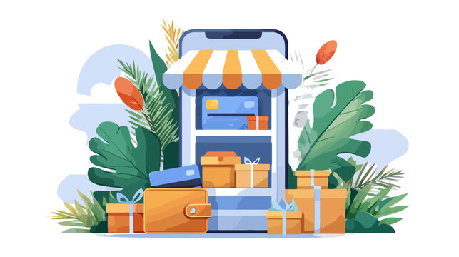 Ilustracja koncepcji e-commerce z telefonem kom&oacute;rkowym, markizą sklepu, paczkami i portfelem na tle liści.