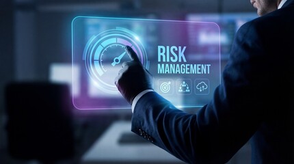 Man in Navy Suit Pointing at Transparent Risk Management Interface with Blue and Pink Accents in Well Lit Office
