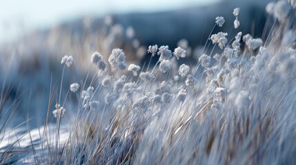 Abstract winter landscape with cotton grass in tranquil blurred scenery