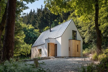 Nestled within a serene forest, this contemporary house features elegant wooden accents around the entrance, perfectly blending with its natural surroundings during the daytime