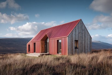 Obraz premium Modern rural house stands in grassland under cloudy sky in Scotland. This structure highlights simple design and natural materials to blend into the landscape