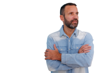 Middle aged man with beard standing with arms crossed looking away, thinking on transparent background