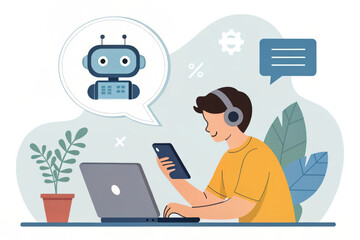 Young man with headphones using laptop and smartphone interacting with AI chatbot assistant