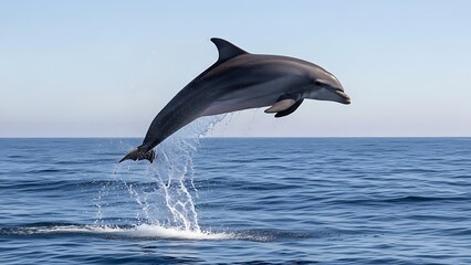 Fototapeta premium A bottlenose dolphin leaps from the ocean's surface, showcasing its aquatic grace against a clear sky