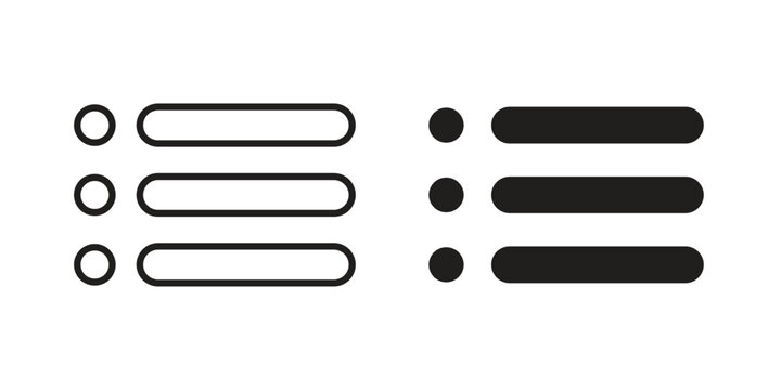 Bulleted list icons for apps and print media. Editable stroke and flat icons
