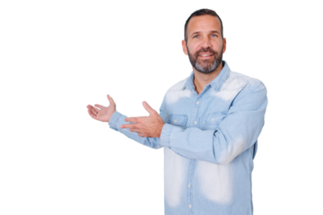 Confident bearded man presenting and introducing, gesturing with open hands, offering solution on transparent background