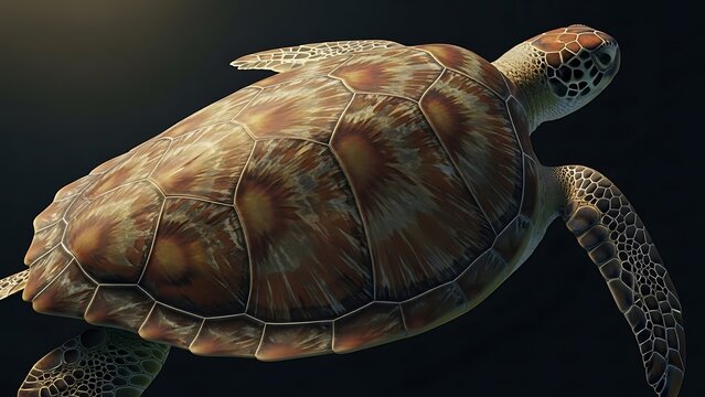 A magnificent sea turtle elegantly glides through the serene ocean depths, its textured shell catching the ambient light underwater