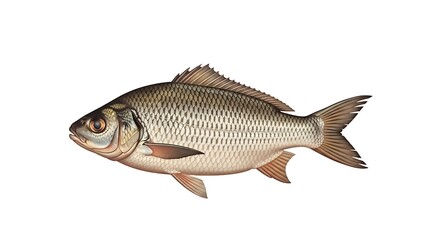 Fototapeta premium Detailed illustration of a common freshwater fish, showcasing its scales, fins, and natural coloring, presented on a crisp white background for versatile use