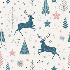 Abstract Nordic Christmas Seamless Pattern with Geometric Reindeer and Star Symbols