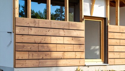 Exterior facade with wood cladding on new building