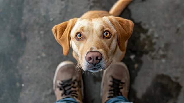 A dog with a surprised expression staring upwards