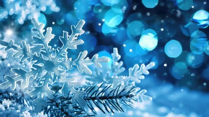 Beautiful of a snowy holiday atmosphere with snow-covered pine tree branches and sparkling snowflakes set against an icy blue background. - Powered by Adobe