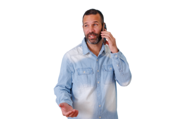 Man talking on phone, gesturing with hand, having a conversation, communication concept, transparent background
