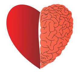 Illustration of a half-human brain and a heart-shaped logo icon. Concept of a psychologically divided love logo symbol template. Vector illustration.