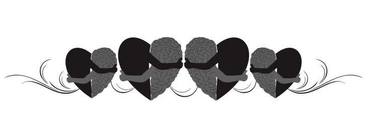 Illustration of a set of half hearts and brains. A brain in the shape of a heart is held in a hand. Vector illustration icon, isolated on a white background. Success concept.