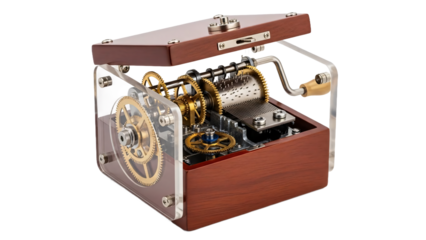 A vintage wooden music box with intricate mechanical gears and a winding handle, showcasing its inner workings
