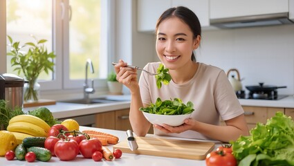Asian woman smiling while holding a bowl of fresh salad in a bright kitchen, surrounded by colorful vegetables, promoting healthy eating and lifestyle choices