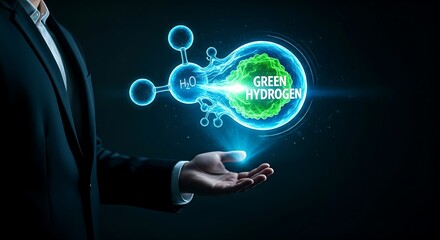 Green hydrogen energy concept. A hand holds a hologram of a water molecule splitting to release a glowing green hydrogen particle with "GREEN HYDROGEN" text.