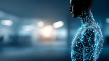 Futuristic digital illustration of a human body with glowing neural network connections, symbolizing advanced technology and artificial intelligence. Modern science and innovation concept - Powered by Adobe