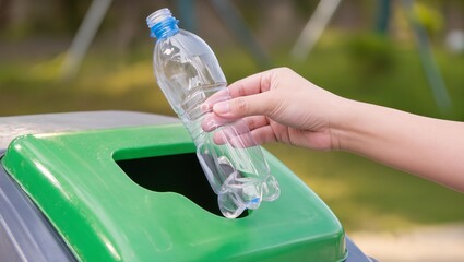 Hand placing a clear plastic water bottle into a green recycling bin, promoting environmental awareness and responsible waste management practices for a sustainable future