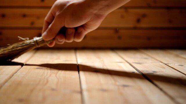 Person hand holding small straw broom sweeping wooden plank floor with industrious mood 