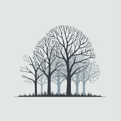 Silhouette of bare winter trees with branches and ground line
