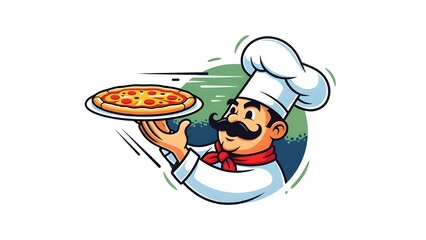 Unique cartoon pizza logo with Italian chef playful professional branding.