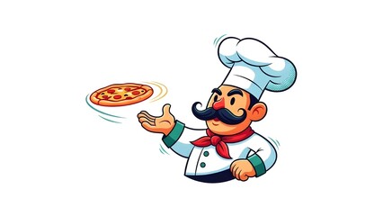 Unique cartoon pizza logo with Italian chef playful professional branding.