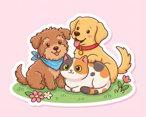 Fototapeta premium Valentine love romantic adorable pet animal cute soft affection cosy scene with two happy dogs and charming cat sitting together on grass with flowers Pet Valentine concept