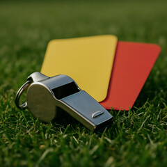 Metal Referee Whistle with Yellow and Red Cards on Green Grass Background