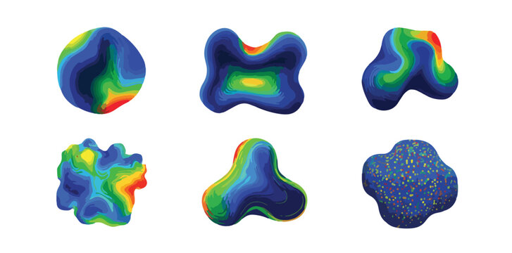 Collezione di sei forme astratte 3D con mappe di calore cromatiche su sfondo bianco trasparente.