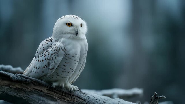 Snowy Owl Perched on Frosty Branch in Winter Forest