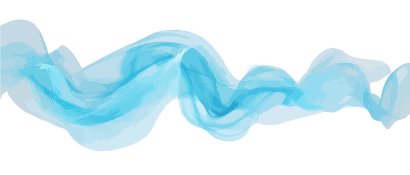 Onda astratta di tessuto azzurro vaporoso e fluente su sfondo bianco, elemento grafico trasparente.