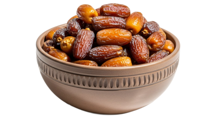 Plump, sweet dried dates in a rustic brown bowl, showcasing their rich golden-brown color and inviting texture, isolated on white