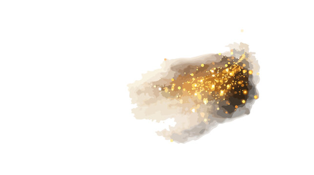 Macchia astratta ad acquerello marrone e oro con scintille luminose su sfondo bianco trasparente.