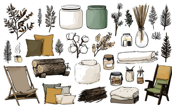 Set di elementi decorativi rustici e naturali per interni: tessuti, legno, candele e piante secche.