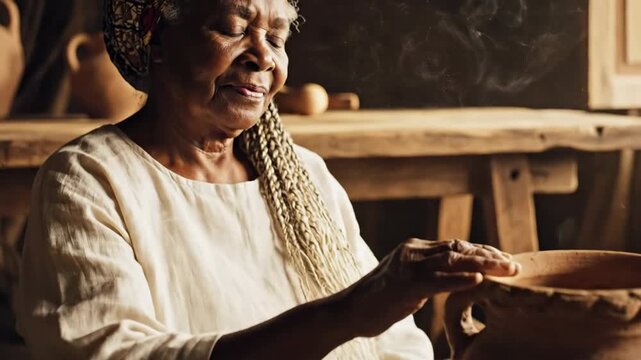 An 80 year old woman smiling while working on pottery in a cozy workshop