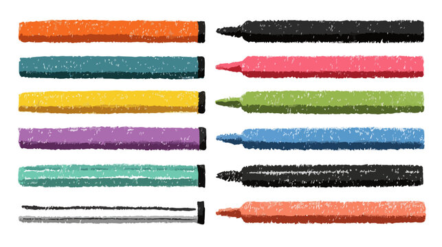 Set di dodici pennarelli colorati con texture ruvida isolati su sfondo trasparente per disegno e scrittura.