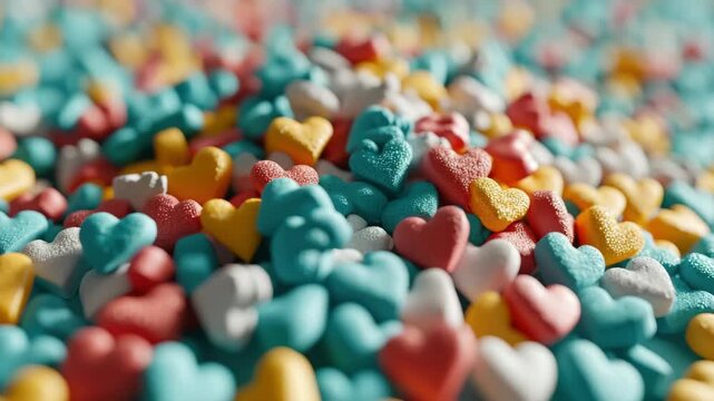 A vibrant assortment of heart-shaped candies in various colors.