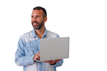 Smiling man using laptop, looking away with ideas, innovation and digital technology on transparent background