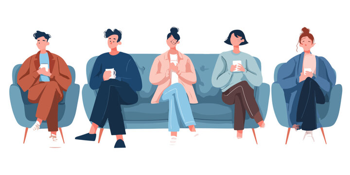 Gruppo di persone sedute su divano e poltrone, ognuno concentrato sul proprio smartphone, isolamento digitale.
