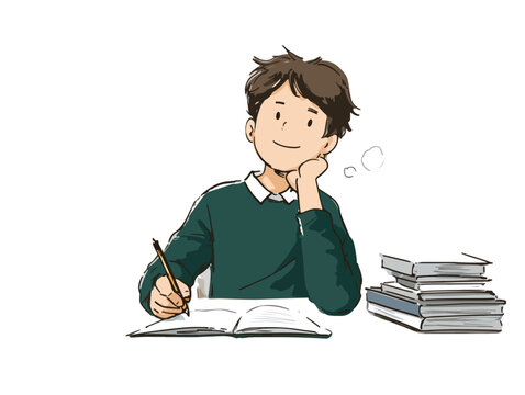 Giovane studente sorridente scrive appunti su un quaderno con pile di libri accanto, isolato su sfondo trasparente.