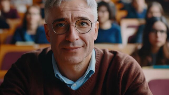 A man with glasses, smiling and appearing engaged in a lecture or presentation setting. He is sitting in the front row of an auditorium filled with attentive listeners.