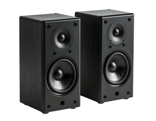 Obraz premium Two black stereo bookshelf speakers on a white background
