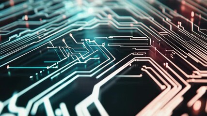 High-tech closeup of intricate electronic circuit board with blue and red lights. - Powered by Adobe