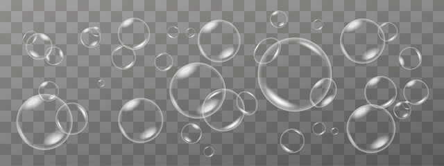 Realistic Bubble Collection &ndash; Transparent Soap Bubbles with 3D Glossy Reflection, Floating and Flying Air Bubbles, Light Glare Effect, Isolated Vector Set