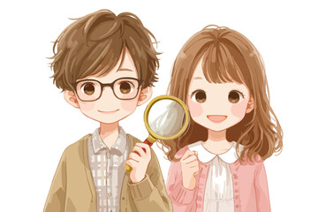 虫眼鏡を持つ眼鏡をかけた男性と、笑顔の女性のイラスト。透明感のある優しいタッチで描かれたカップル。