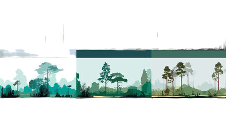 緑豊かな森林の景観を表現した、透明感のあるイラスト。異なる種類の木々が重なり合い、奥行きのある自然を描写しています。